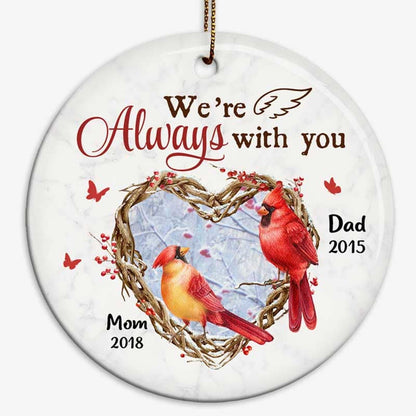 Always With You Heart Berry Branch Cardinals Memorial Personalized Circle Ornament