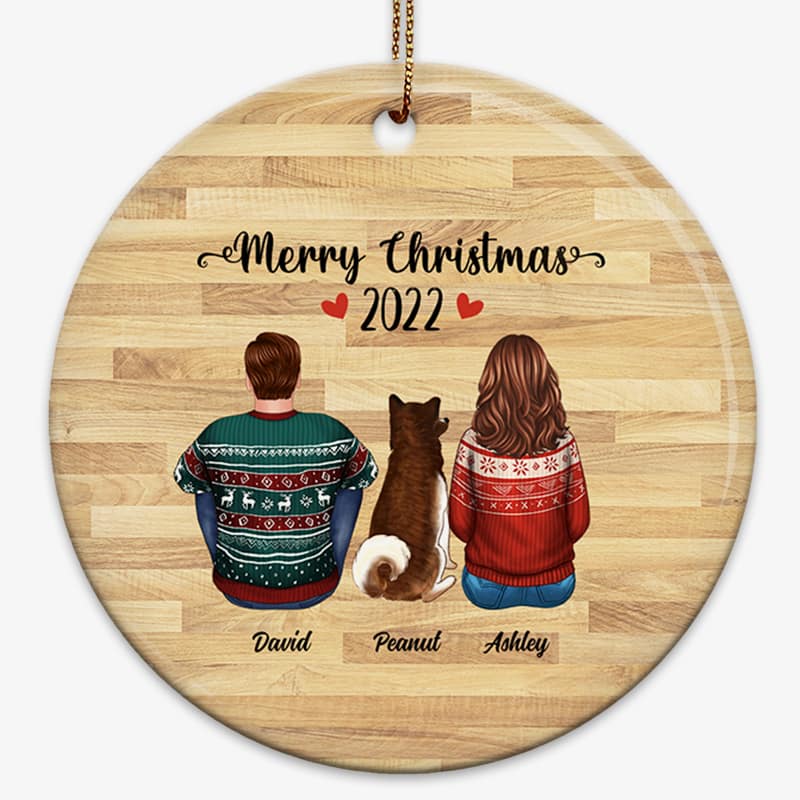 Couple & Dog Back View Memorial Wood Effect Personalized Circle Ornament