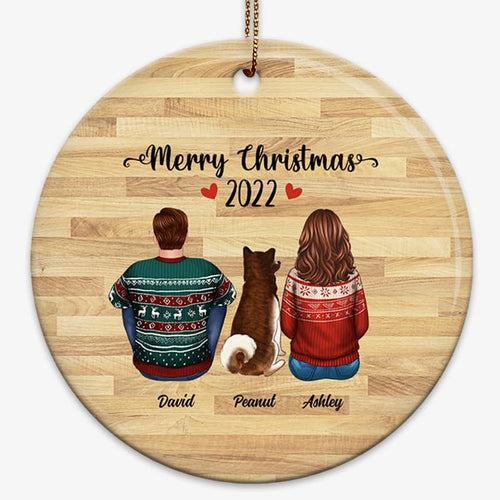 Couple & Dog Back View Memorial Wood Effect Personalized Circle Ornament