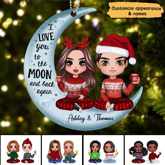 Love To The Moon Doll Couple On Moon Personalized Acrylic Ornament