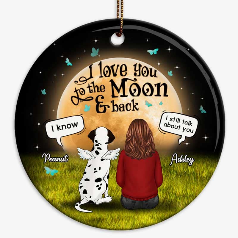 Dog Mom Sitting With Dogs In Moonlight Memorial Personalized Circle Ornament