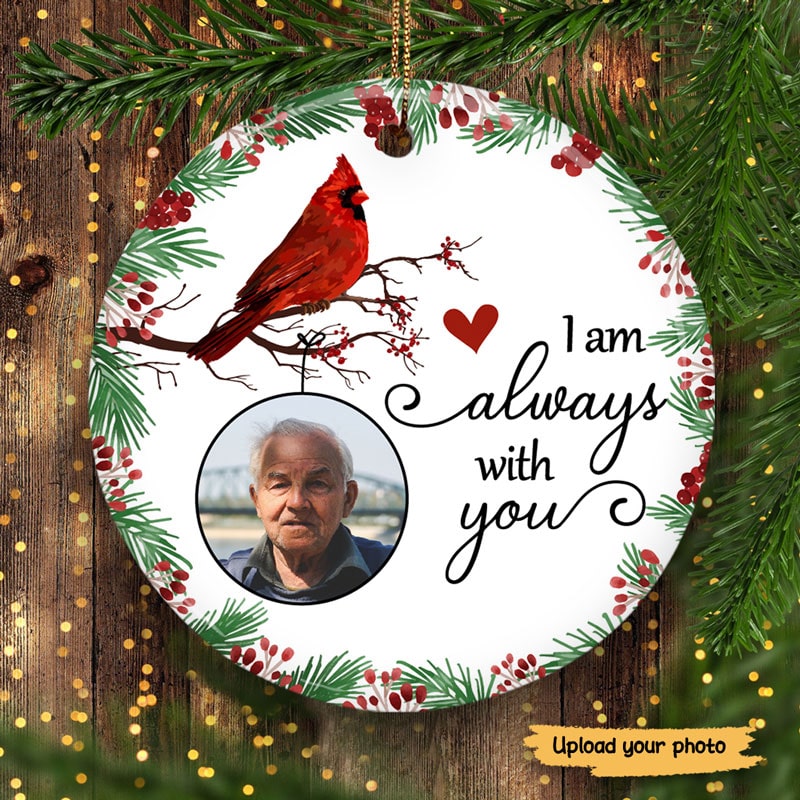 Always With You Holly Branch Cardinal Personalized Photo Circle Ornament
