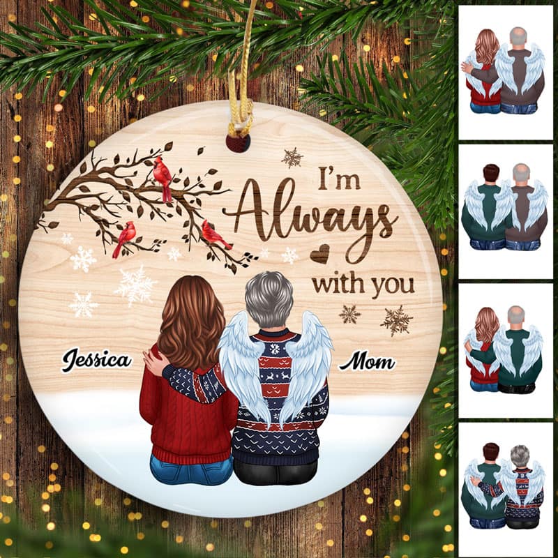 Snow Background Back View Family Memorial Personalized Circle Ornament