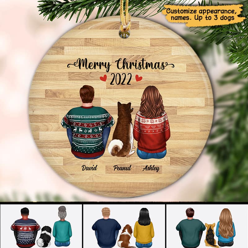 Couple & Dog Back View Memorial Wood Effect Personalized Circle Ornament