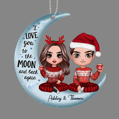 Love To The Moon Doll Couple On Moon Personalized Acrylic Ornament