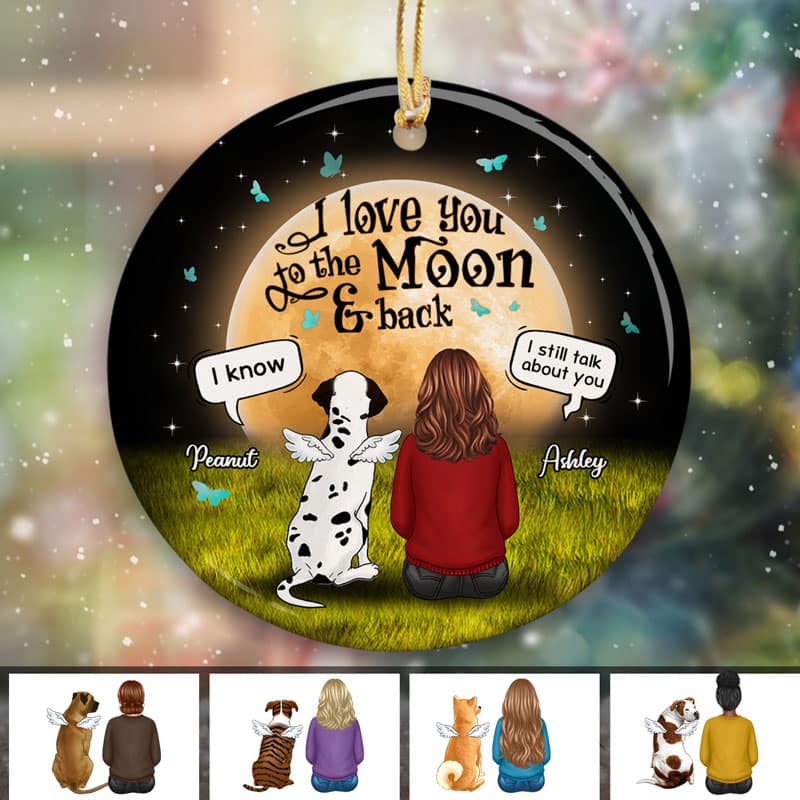 Dog Mom Sitting With Dogs In Moonlight Memorial Personalized Circle Ornament