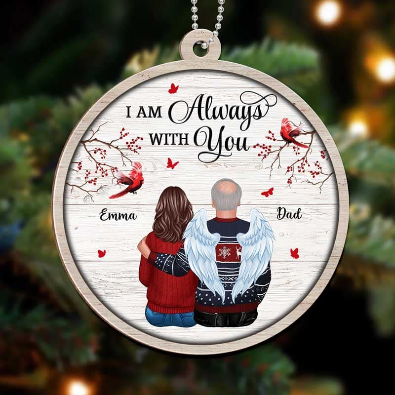 Cardinal Family Sitting Berry Branch Memorial Personalized Wooden Ornament