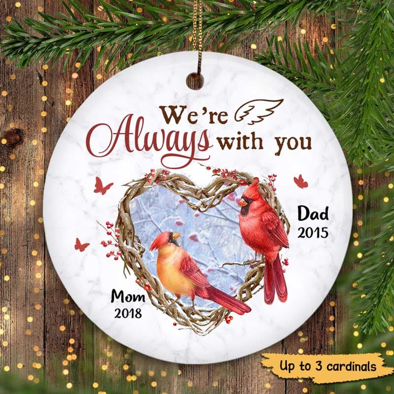 Always With You Heart Berry Branch Cardinals Memorial Personalized Circle Ornament