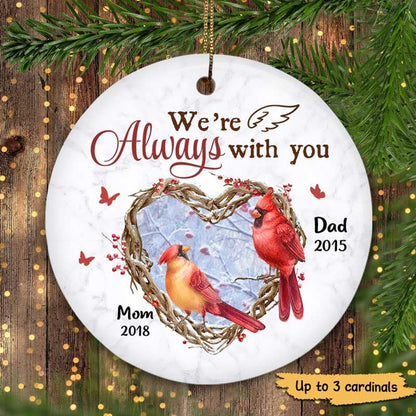 Always With You Heart Berry Branch Cardinals Memorial Personalized Circle Ornament