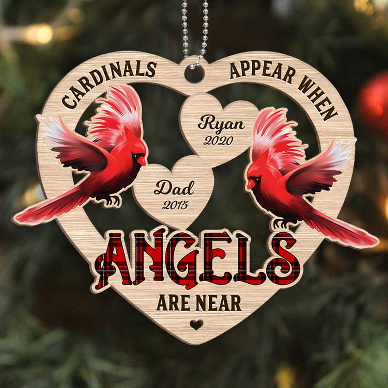 Cardinals Heart Memorial Personalized Wooden Ornament