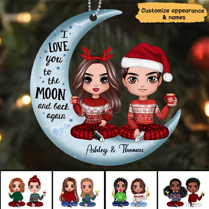 Love To The Moon Doll Couple On Moon Personalized Acrylic Ornament