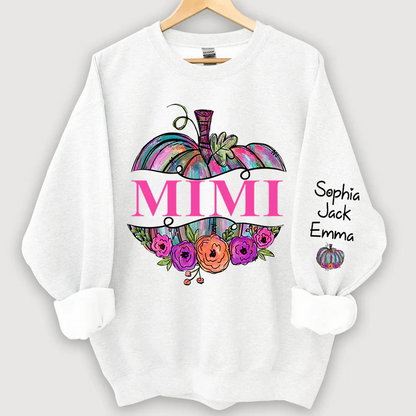 Personalized Mimi Painted Pumpkin And Grandkids Autumn Sweatshirt