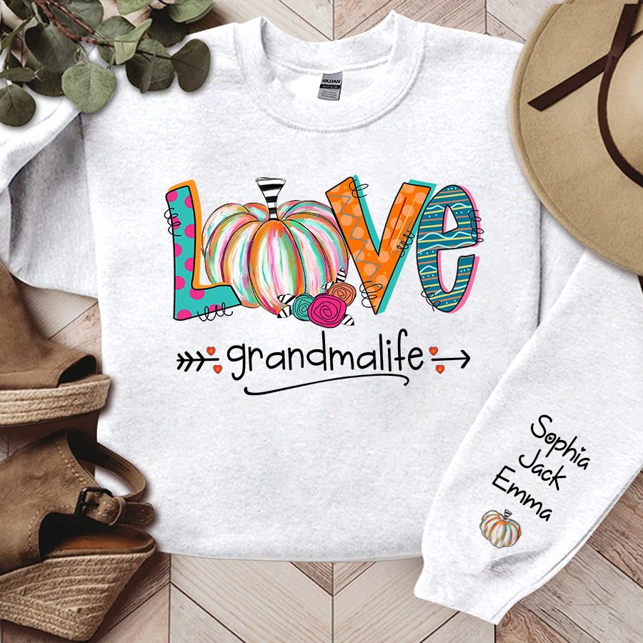 Love Grandma Life Pumpkins Grandkids Name Sweatshirt