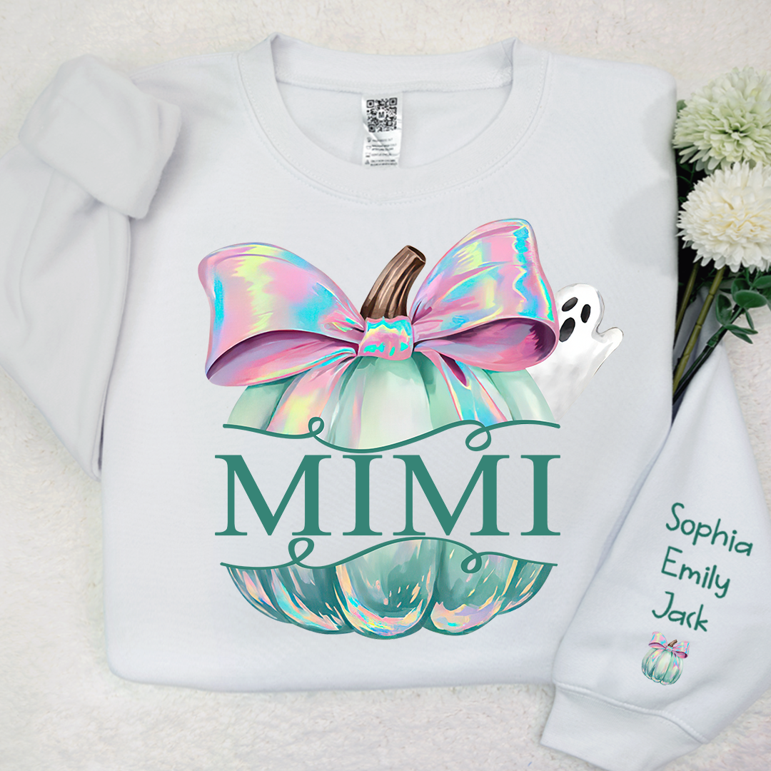 Personalized Mimi Pumpkin Iridescent Peeking Ghost With Grandkids Halloween Sweatshirt