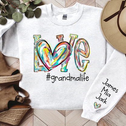 Love Grandma Life Color Clipart Custom Sweatshirt, Custom Grandmalife With Kids Names On Sleeve Sweatshirt