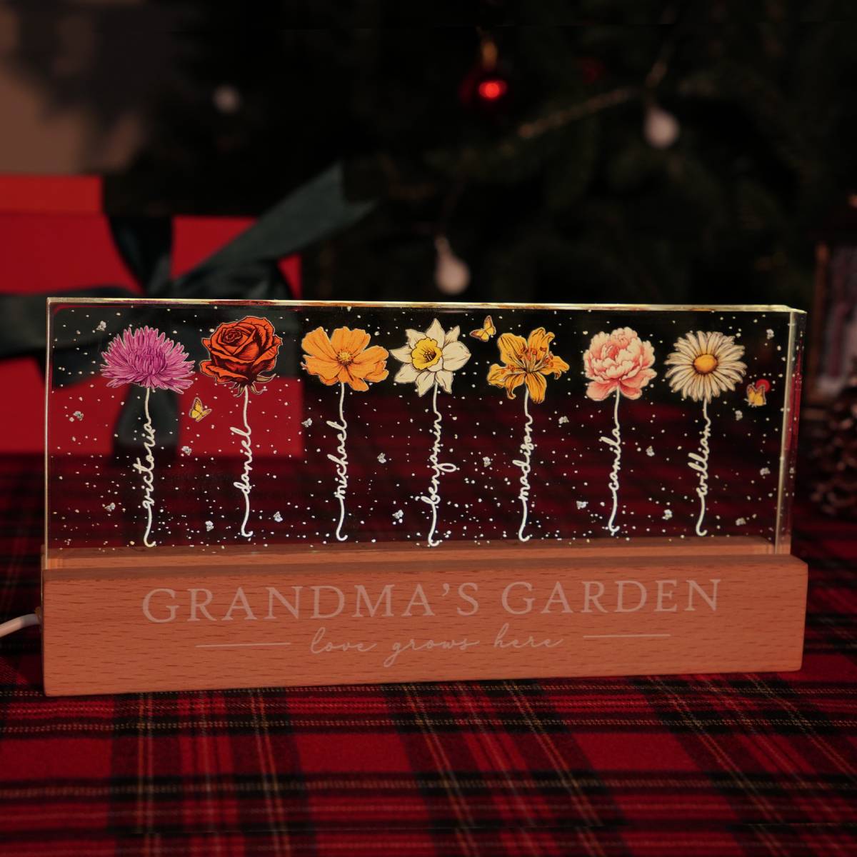 Grandma‘s Garden Birth Month Flowers Personalized Acrylic Block LED Night Light, Mother's Day Gift For Grandma, Mom, Auntie, Sister