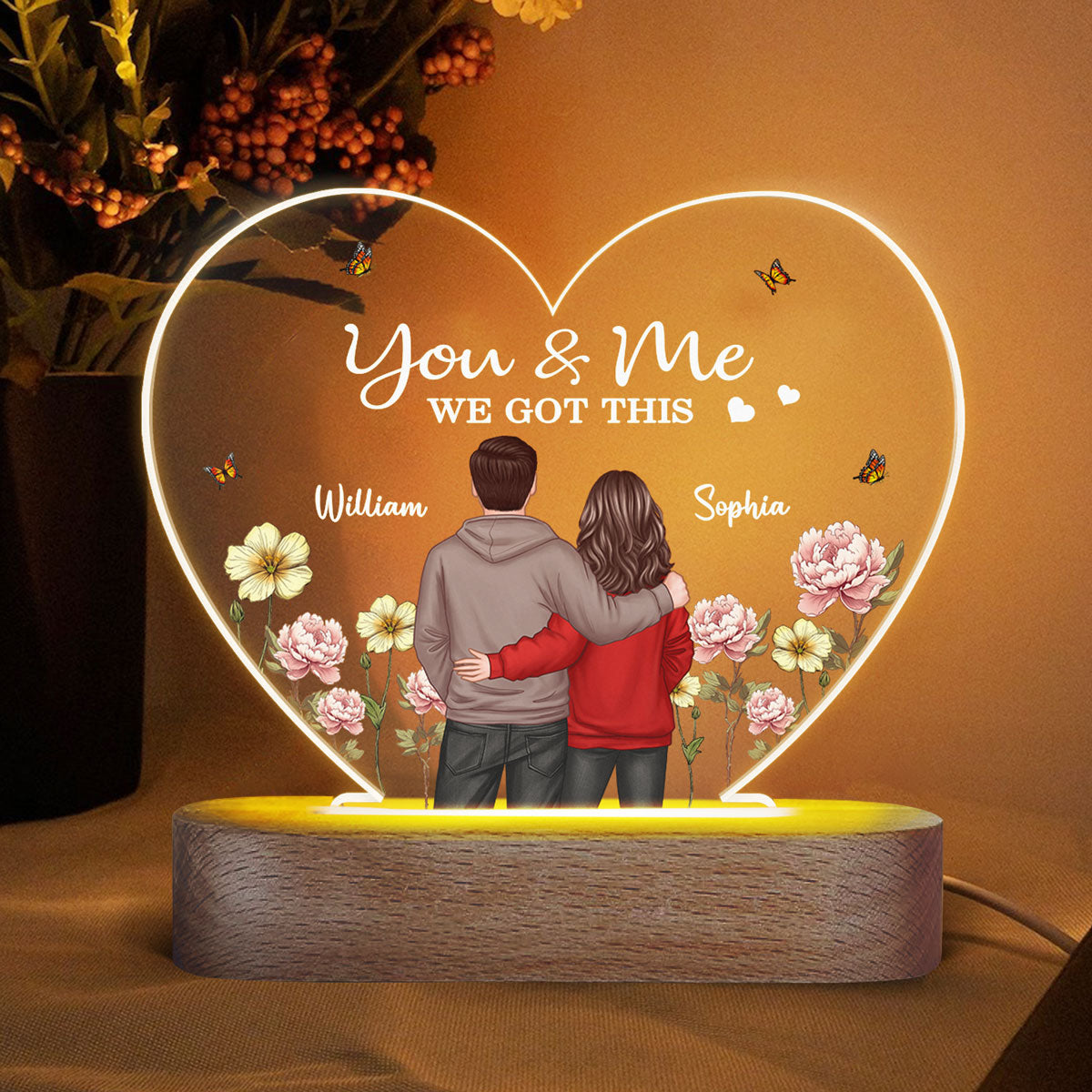 Couple Birth Month Flower Personalized Heart Acrylic Plaque LED Night Light, Heartfelt Gift For Couple, For Him, For Her, Boyfriend, Girlfriend, Husband, Wife