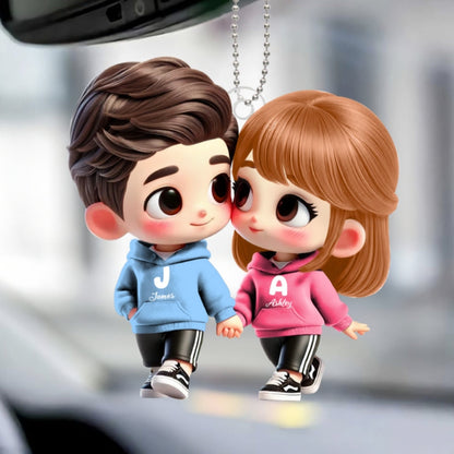 3D Effect Cute Cartoon Couple Holding Hands Personalized Acrylic Car Hanger, Anniversary &  Gift for him, Gift for her