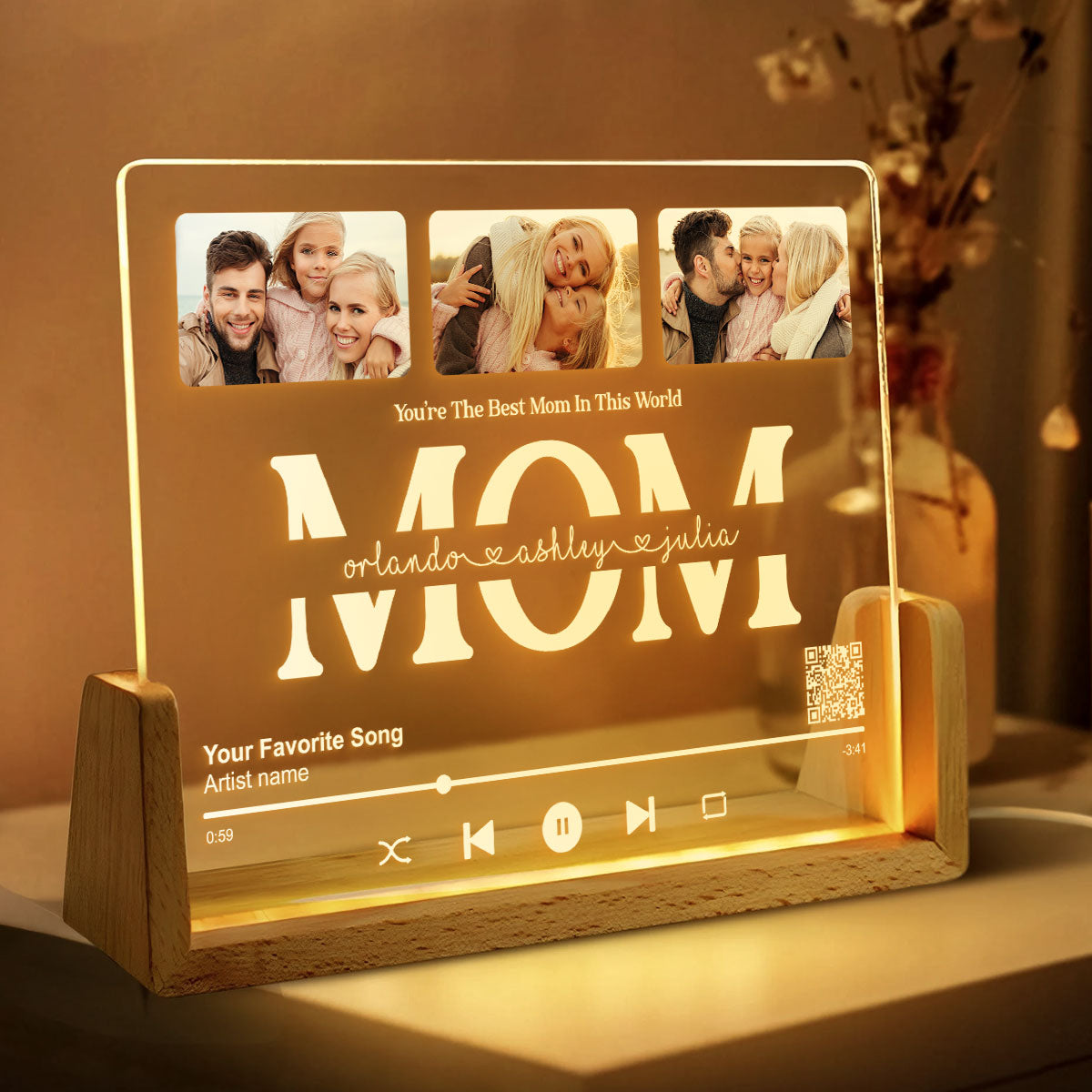 Customize with a Song That Speaks Your Heart, Personalized Photo LED Night Light, Mother's Day Gift for Mom, Scannable QR Code