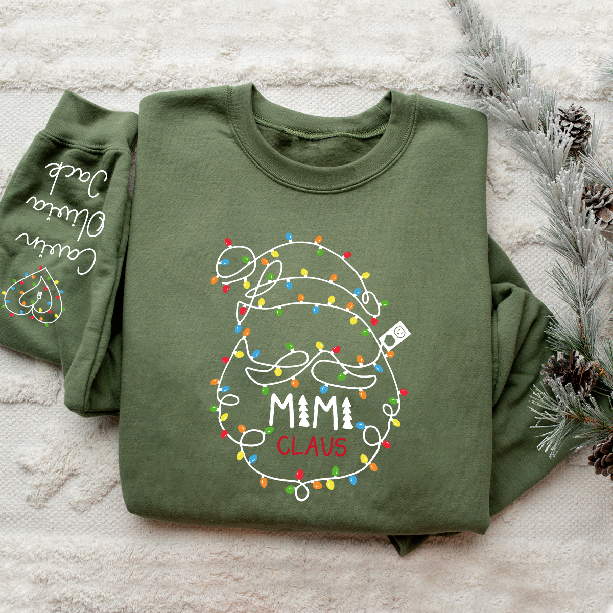 Custom Mimi Claus Christmas Lights Sweatshirt, Personalized Grandma Sweatshirt with Children Name on Sleeve