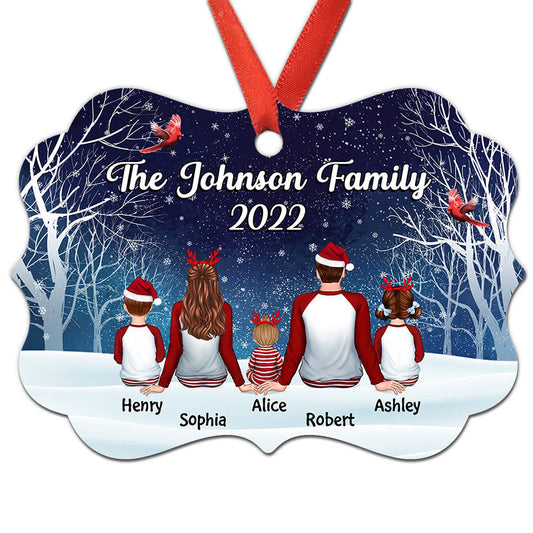 Pajamas Family Sitting In Snow Cardinal Tree Personalized Christmas Ornament