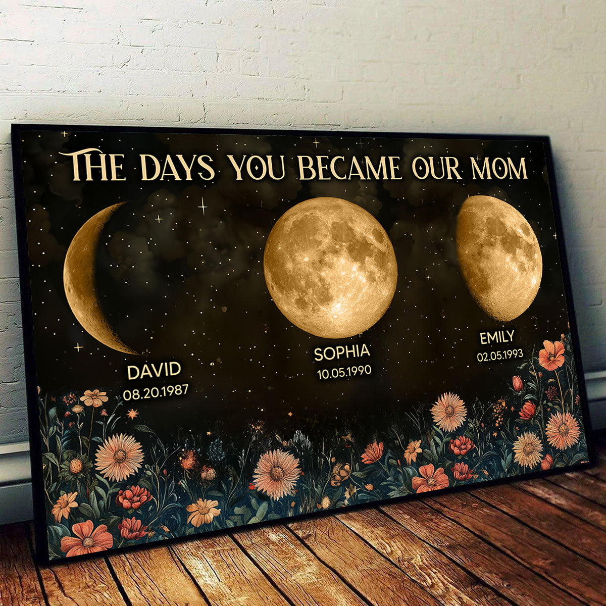 Vintage Flowers The Day You Become Mom Grandma Custom Birth Moon Phase Personalized Poster, Heartfelt 2025 Mother's Day Gift