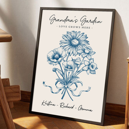 Vintage Floral Grandma Garden Birth Month Flowers Bouquet With Grandkids Names Personalized Poster