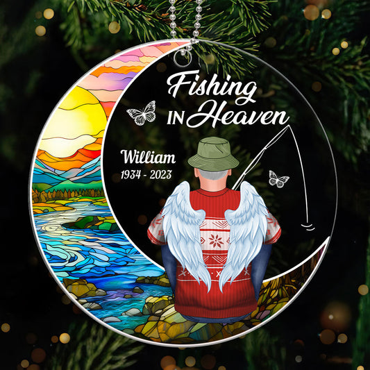 Fishing In Heaven Stained Glass Moon Memorial Keepsake Personalized Acrylic Ornament