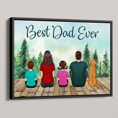 Retro Family Dad And Kids Back View Sitting Forest Personalized Poster, Perfect Gift For Family, For Husband, Wife, Dad, Mom