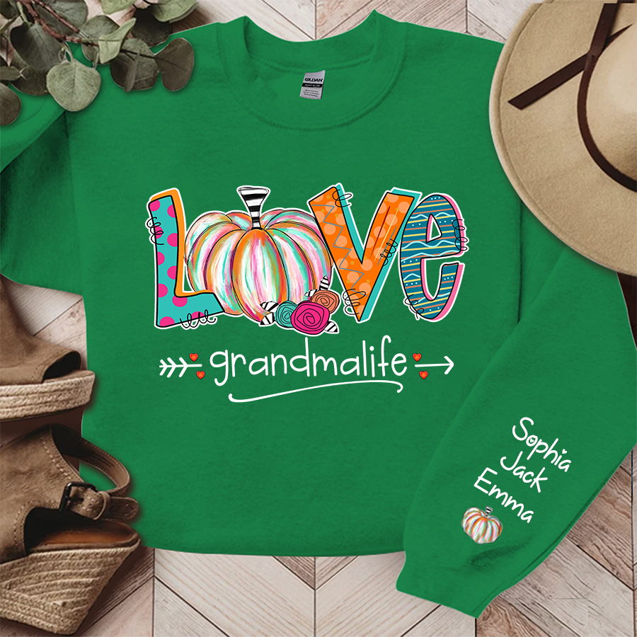 Love Grandma Life Pumpkins Grandkids Name Sweatshirt