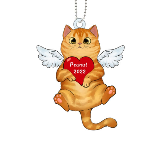 Fluffy Cat Memorial Angel Wings Personalized Wooden Ornament