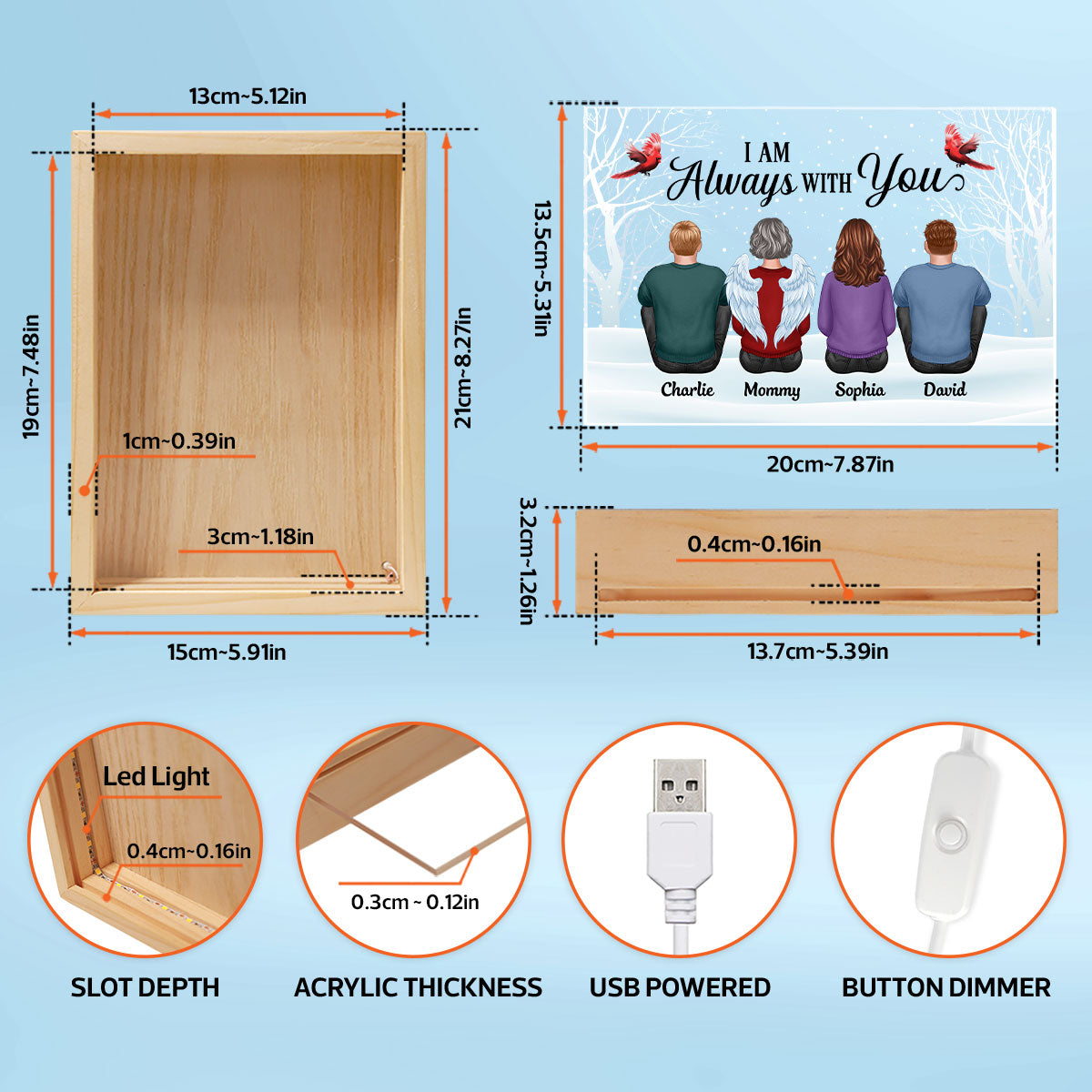 Always With You Family Dad Mom Kids Dogs Cats Snow Memorial Remembrance Sympathy Gift Personalized Wooden Frame Light Box