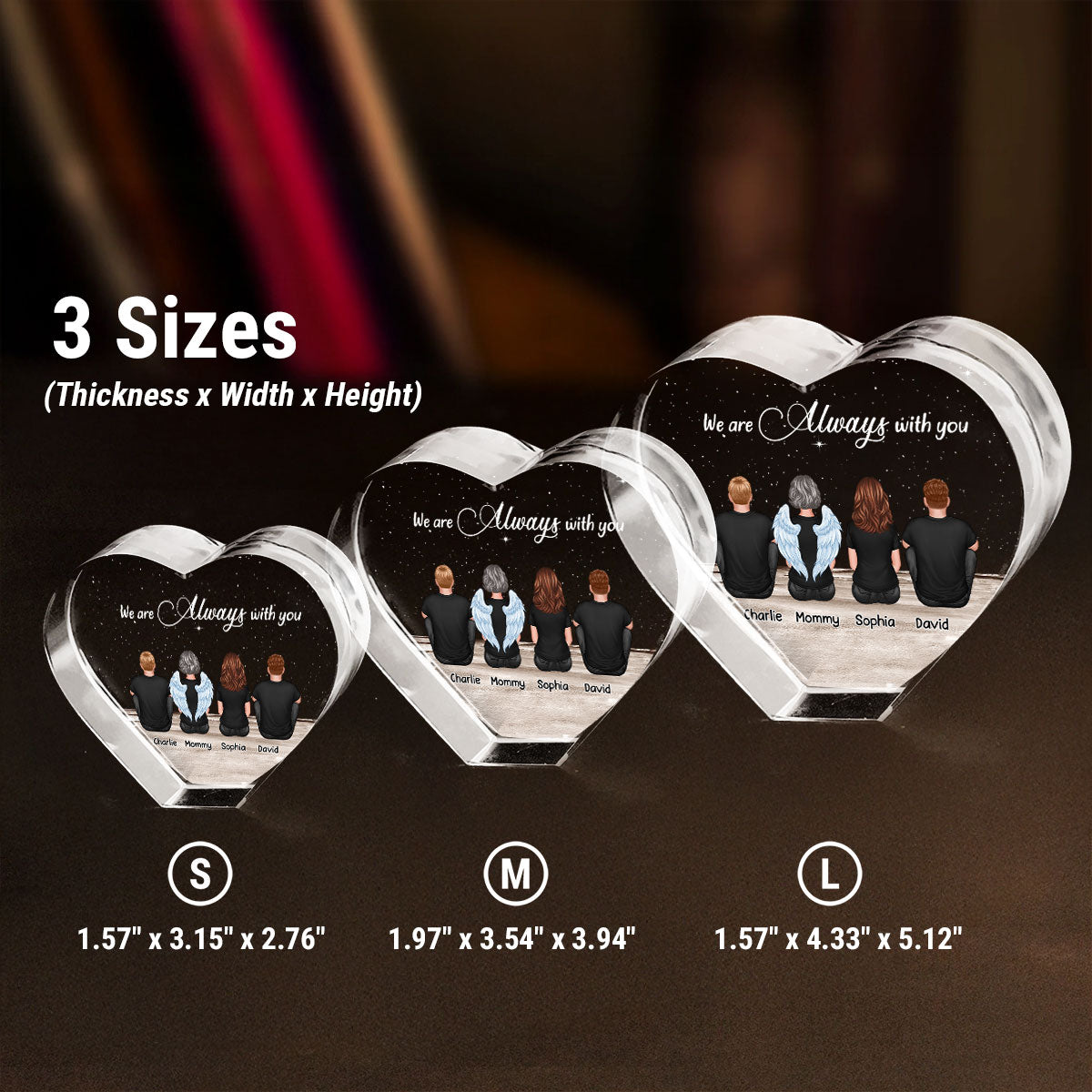 Always With You Sky Family Members, Memorial Personalized Premium Crystal Heart LED, Sympathy Gift, Free Delivery Included