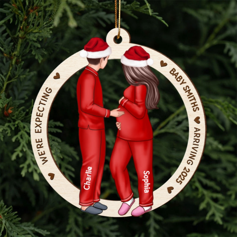 Expecting Parents Christmas Pregnancy Personalized Wooden Ornament, Baby Arriving Ornament