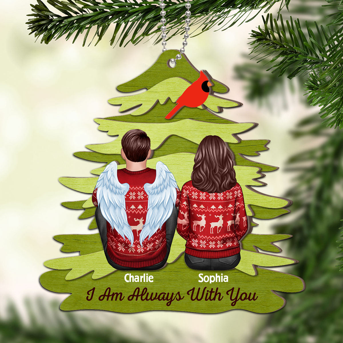 Rustic Red Cardinal I Am Always With You Personalized Christmas 2-Layer Wooden Ornament