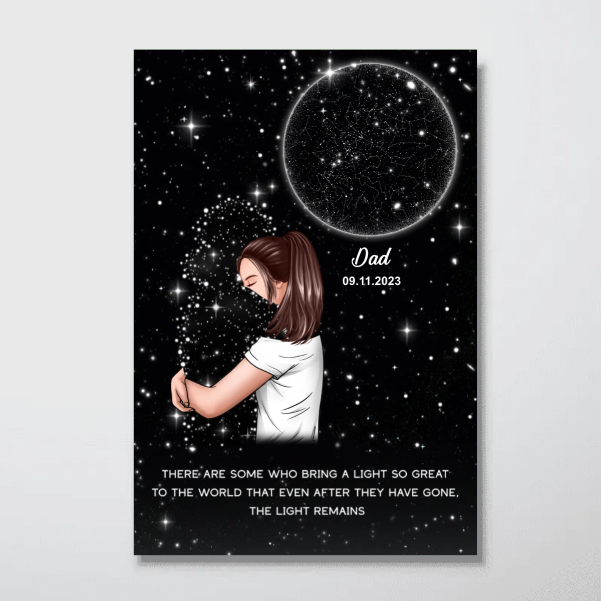 Lost Loved One Woman Hugging Star Map Galaxy Art Memorial Sympathy Gift Personalized Poster, Custom By Location And Date