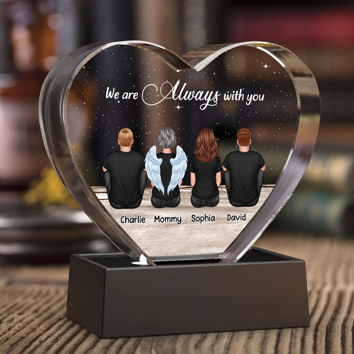 Always With You Sky Family Members, Memorial Personalized Premium Crystal Heart LED, Sympathy Gift, Free Delivery Included