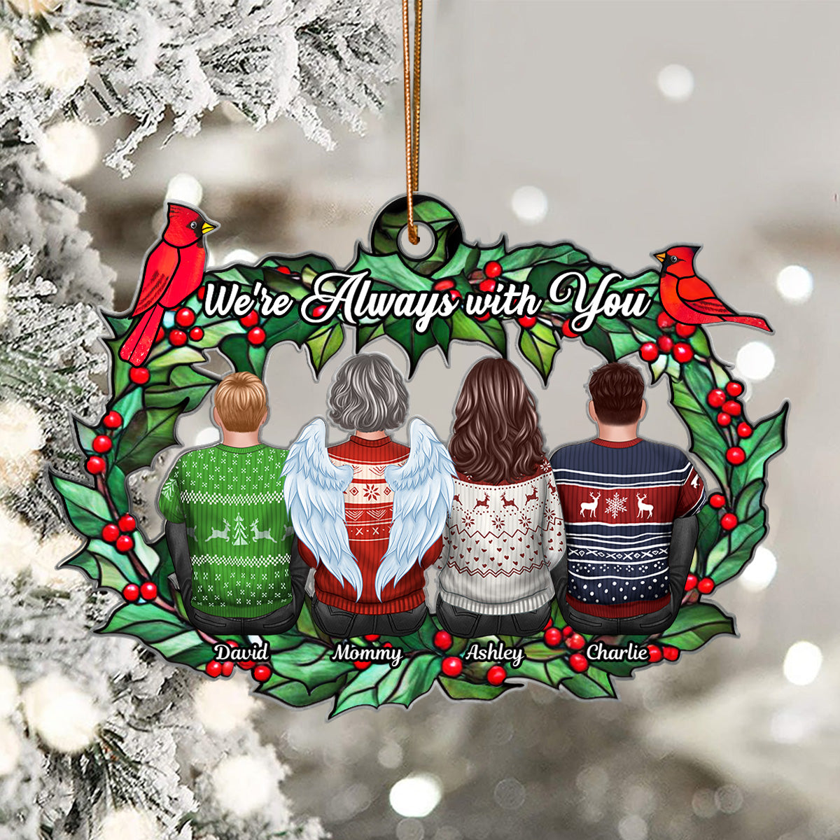 Christmas Family Sitting Back View Holly Branch Memorial Personalized Acrylic Ornament, Remembrance Gift, Sympathy Gift