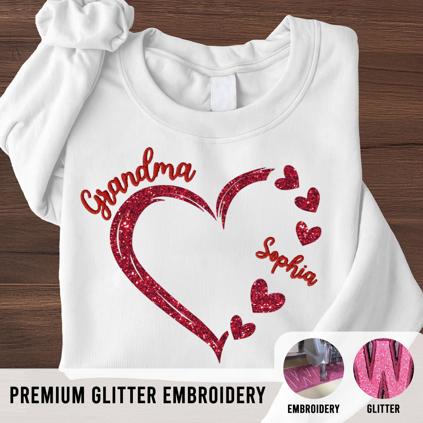 Forever In Grandma's Heart Personalized Glitter Embroidery Sweatshirt, Heartfelt Birthday Mother's Day Gift For Mom, Grandma