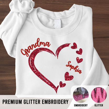Forever In Grandma's Heart Personalized Glitter Embroidery Sweatshirt, Heartfelt Birthday Mother's Day Gift For Mom, Grandma