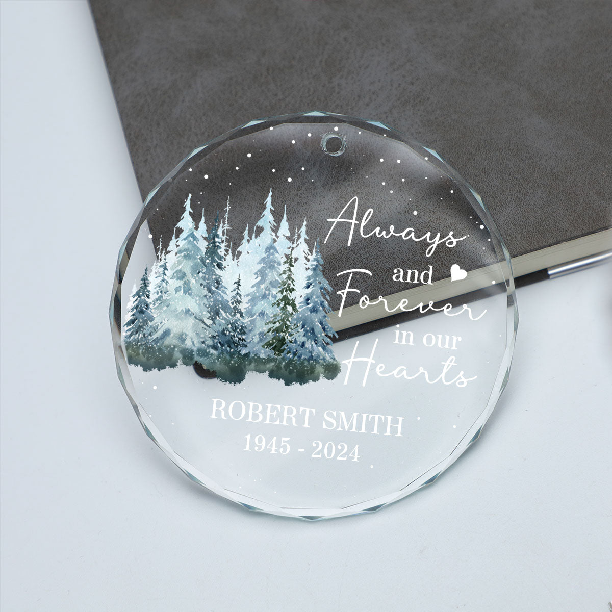 Always And Forever In Our Hearts Memorial Keepsake Personalized Glass Ornament