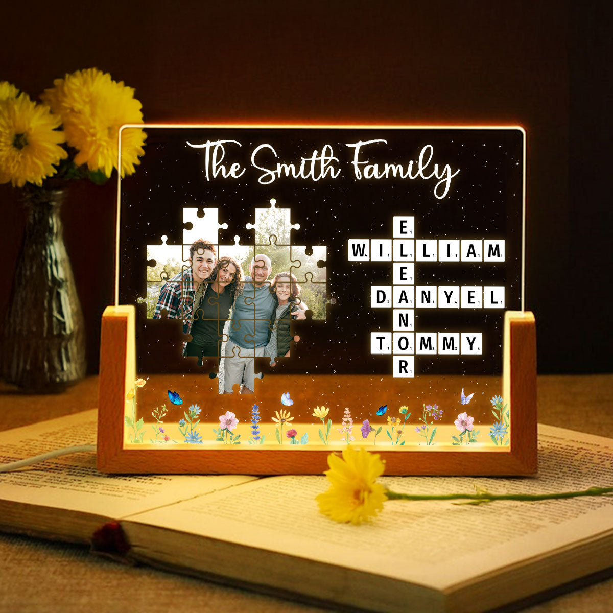 Family Crossword Puzzle Photo Uploaded Personalized U-Base Acrylic LED Night Light, Gift for Mom, Dad, Grandma