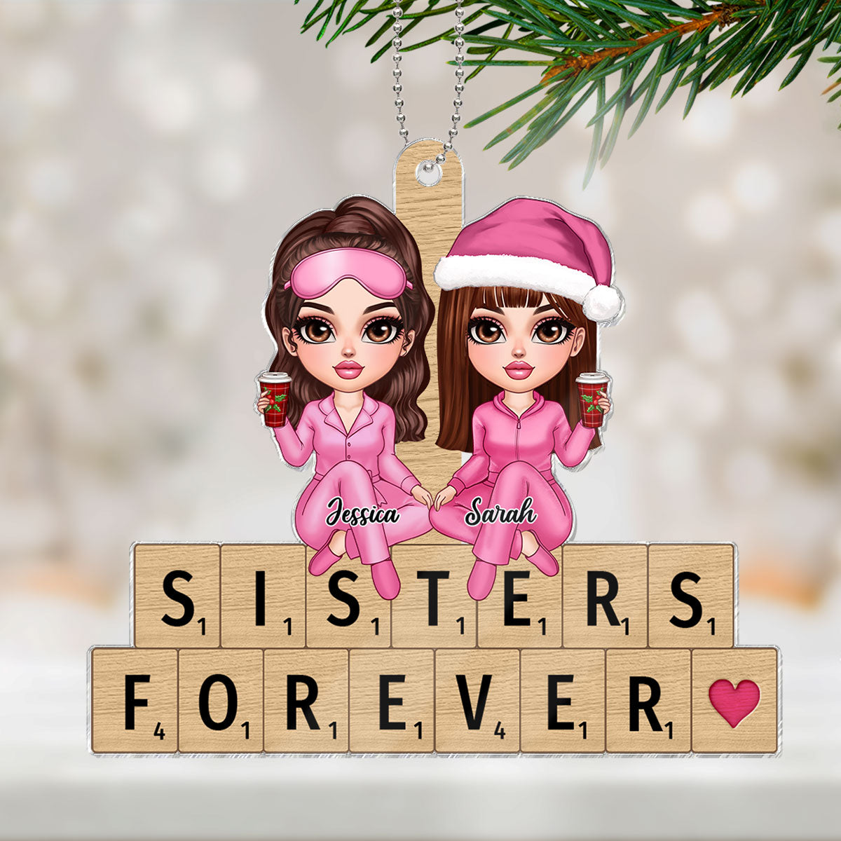 Pink Besties Sisters Sitting On Puzzple Words Personalized Acrylic Ornament, Christmas Gift For Best Friends, Sisters, Besties