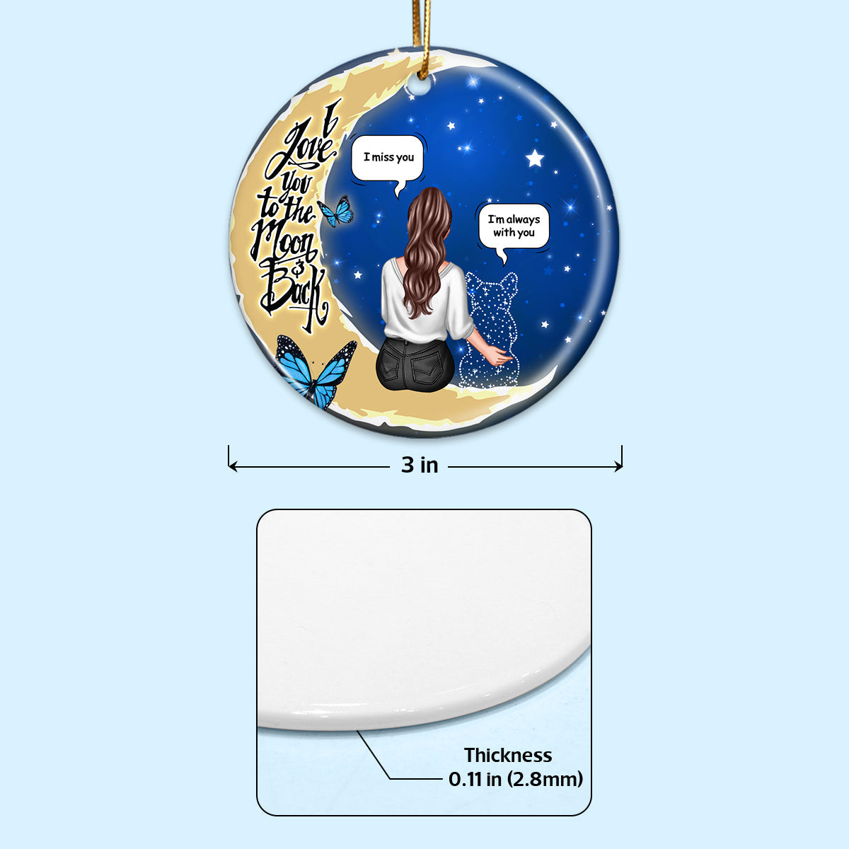 Dog Memorial Sitting On Moon Personalized Circle Ceramic Ornament