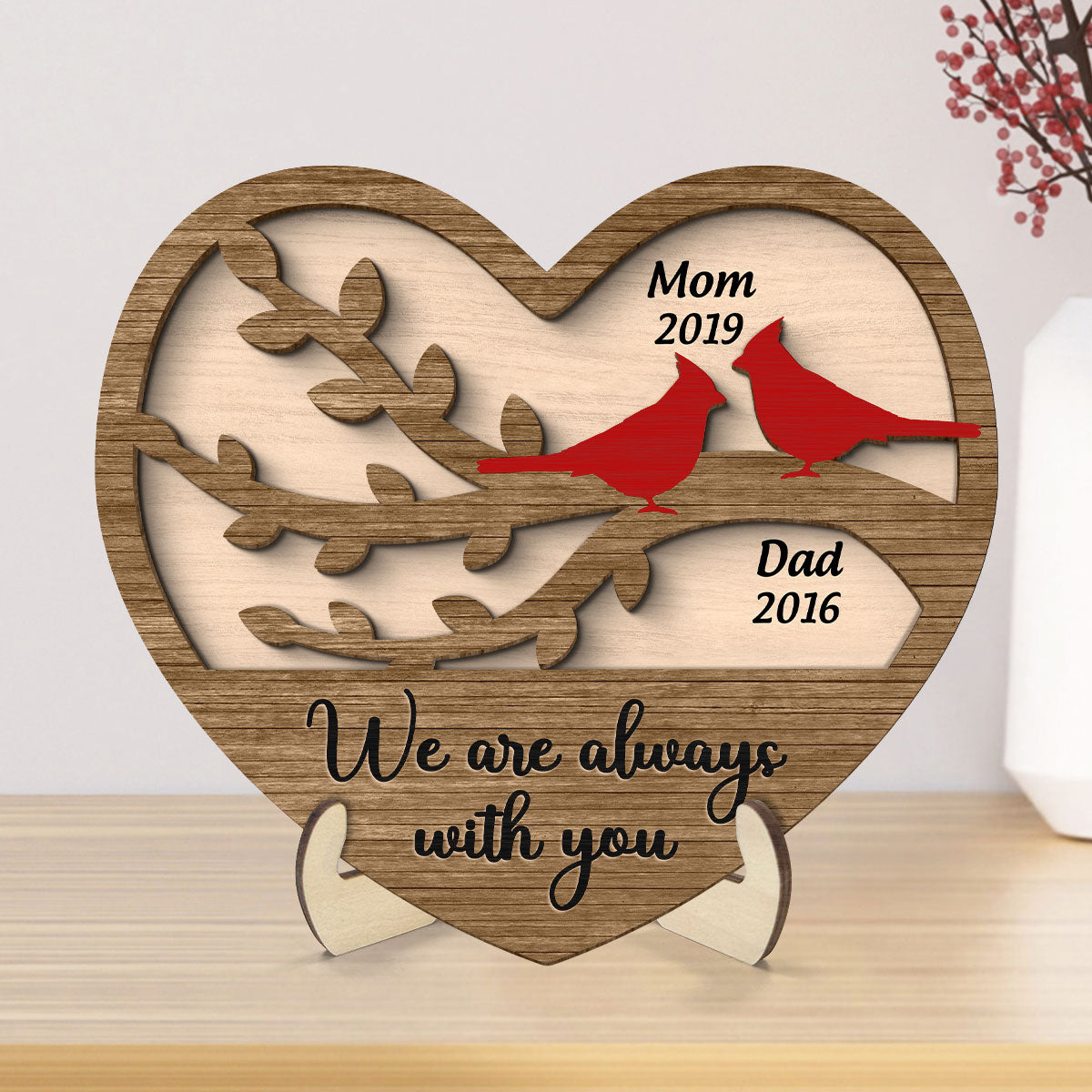 Cardinals Heart Dad Mom Memorial Personalized 2-Layer Wooden Plaque