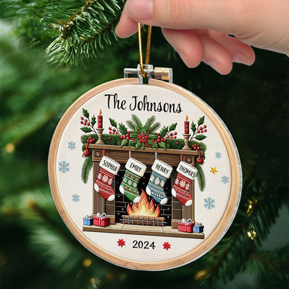 Christmas Festive Fireplace Family Christmas Stockings On Mantel Embroidery Effect Personalized Acrylic Ornament