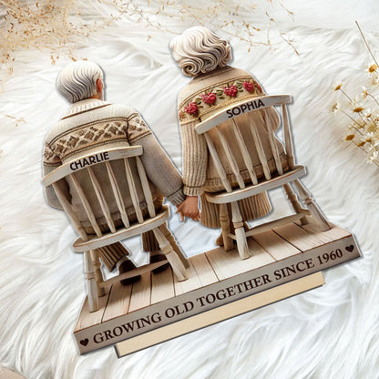 3D Effect Old Couple Holding Hands Sitting Together Personalized Standing Wooden Plaque, Heartfelt Anniversary Gift, Valentine's Day Gift For Couple, For Him, For Her, Husband, Wife