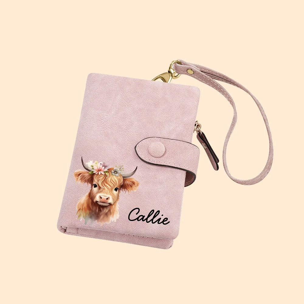 Personalised Floral Highland Cow Leather Tri-folded Wristlet Wallet with Card Holder and Name Birthday Gift for Women Highland Cow Lovers