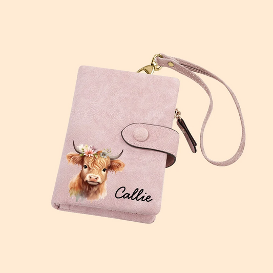 Personalised Floral Highland Cow Leather Tri-folded Wristlet Wallet with Card Holder and Name Birthday Gift for Women Highland Cow Lovers