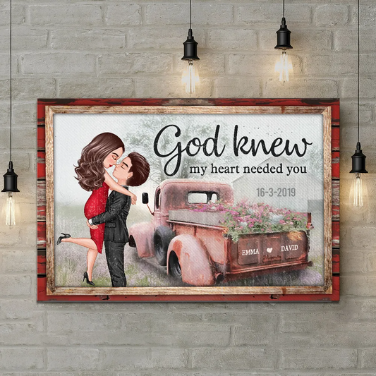 Red Vintage Truck Farmhouse Couple Hugging Kissing Personalized Canvas Print, Anniversary Valentine's Day Gift For Him, For Her